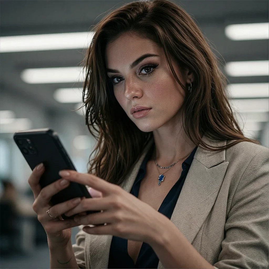 Round avatar of a fictional AI character in a blazer, phone in hand at night