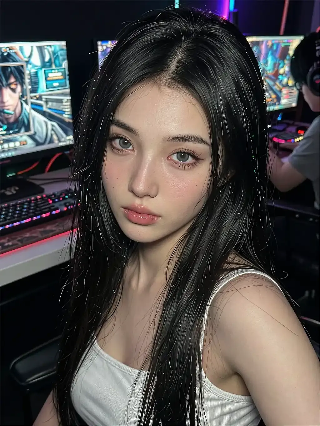 Lexie, a fictional AI character, lit by a screen late at night