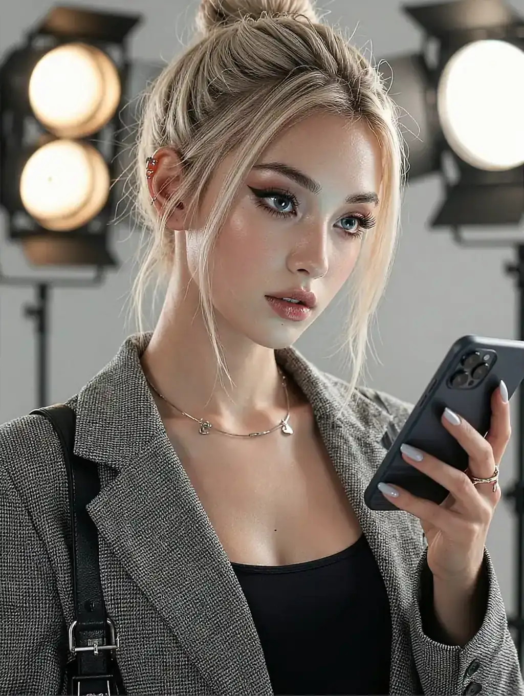 Fictional AI character in a grey blazer checking her phone under bulb lights