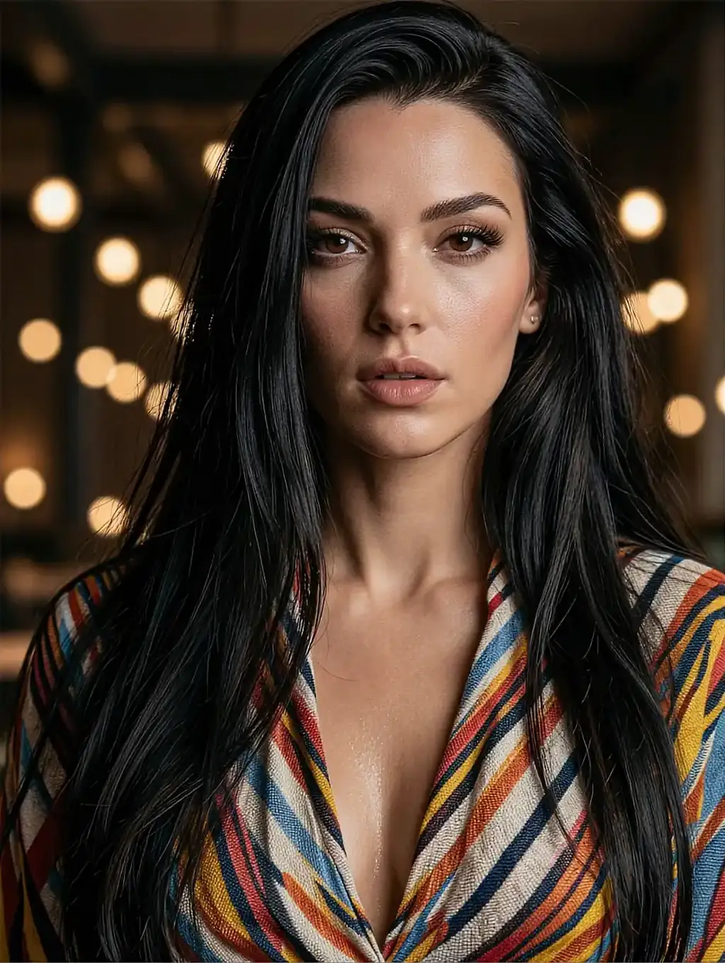 Fictional AI character in a striped top with warm bokeh lights behind her
